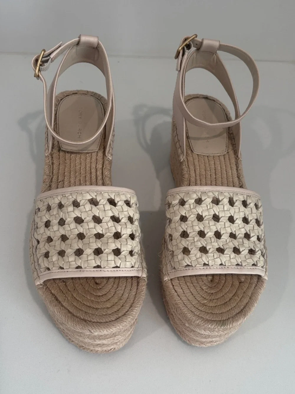 Tory Burch Woven Espadrille Platform Sandals in Ivory Leather Size 8